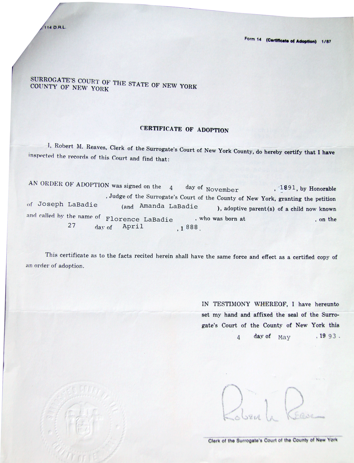 Florence LaBadie Certificate of Adoption